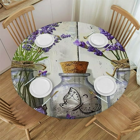 

Facannap Lavender Flowers Butterfly Round Table Cover with Elastic Edge 100% Polyester Fiber 38-42