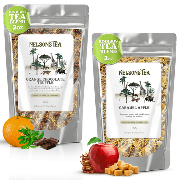 Nelson's Tea Bundle - Caramel Apple (2oz) & Orange Chocolate (2oz) - Caramel Apple with Red Rooibos, Cinnamon, Caramel Chips, Dried Apples   Orange Chocolate with Green & Red Rooibos, Orange Peel.