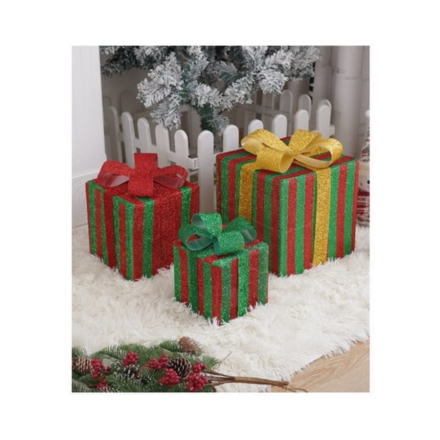 Billuyoard Caja de regalo navideña con adornos de lazo y materiales de luces LED. Estas cajas de regalo luminosas son Kits de decoración para fiestas raya roja y verde