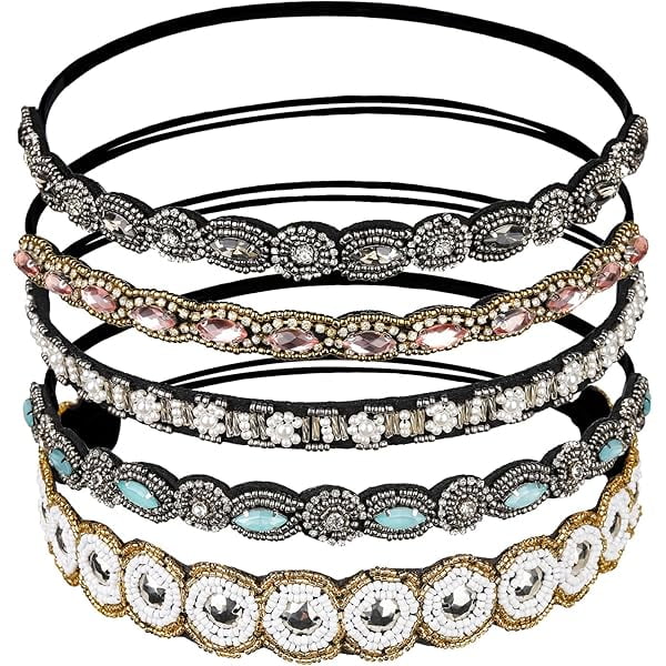 wonima11 5pcs Hairbands for Women, 5 Rhinestone Beaded Headbands, Head Bands for Women's Hair Fashionable Handmade Crystal Beaded Elastic hairbands, 20-26.8"(51-68cm), 1 Count (Pack of 5), HAIRBAND