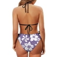 thumbnail image 6 of Chririnla Women's Halter Neck Two Piece Bikini Set - White Hibiscus Floral Print on Purple, Tie Side Bottoms, Quick Dry Swimwear for Beach Vacation & Pool Party, 6 of 9