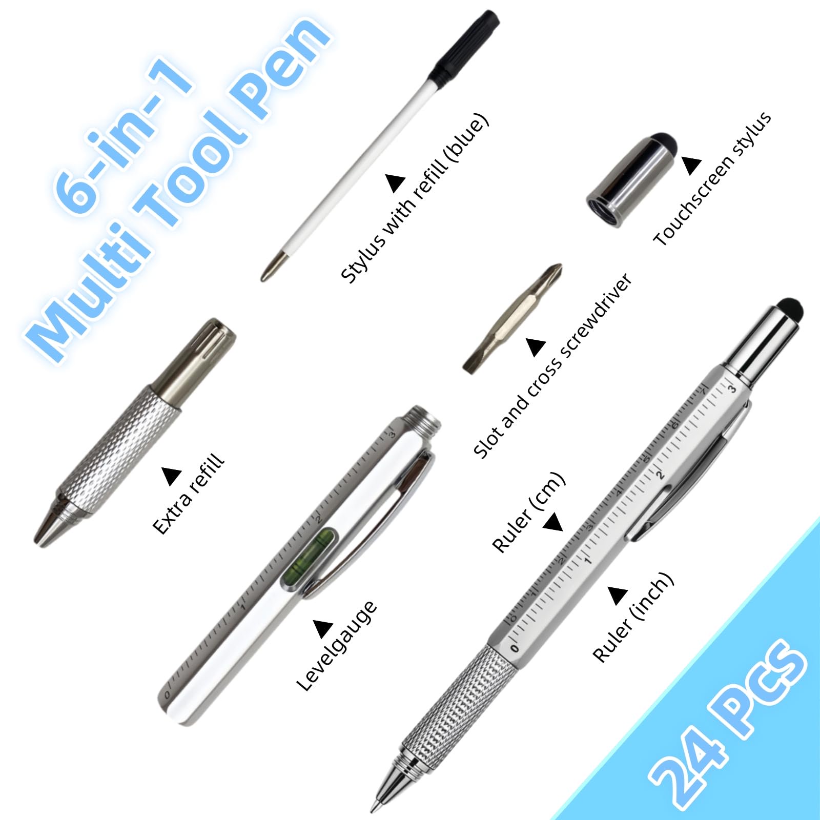 24 Pcs Multitool Pen Set with Blue Ink Refills Silver 1 Pack