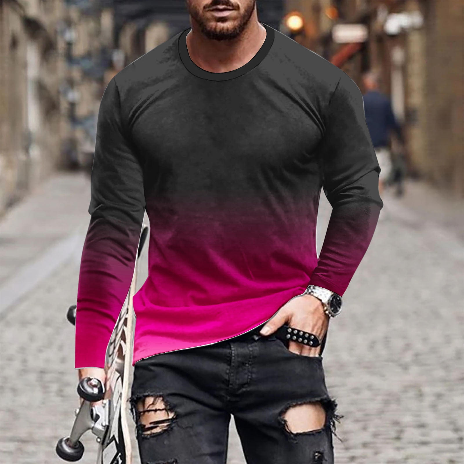 YLSDY Men's Ombre Long Sleeve T-Shirt Gradient Crew Neck