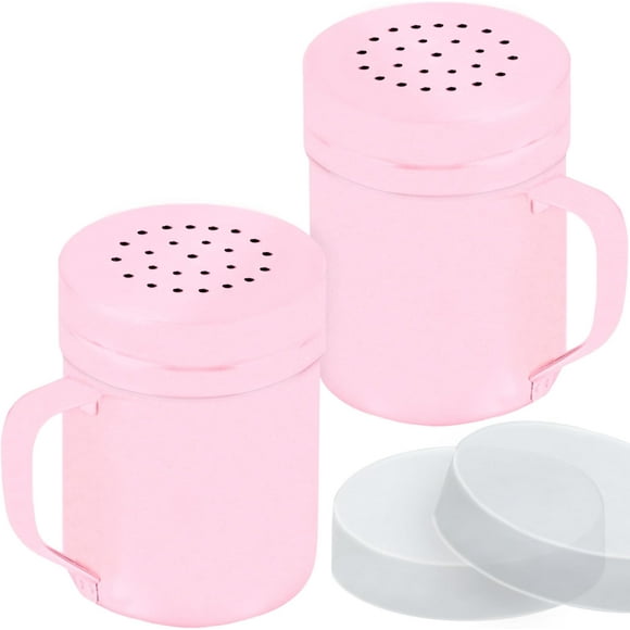 6oz Pink Stainless Steel Salt Pepper Dredge Shakers - with Plastic Cap - with Handle - Pack of 2