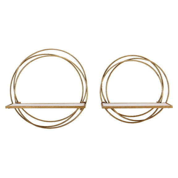 Gold Metal Rings Floating Wall Accent Shelving Set of 2 Shelves