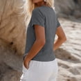 thumbnail image 4 of Nooxsoe Womens Cotton Linen Button Down Shirts V Neck Collarless Short Sleeve Full Wooden Button Front Curved Hem Breathable Gauze Blouse for Summer Office Beach Vacation Outfits Gray S, 4 of 5