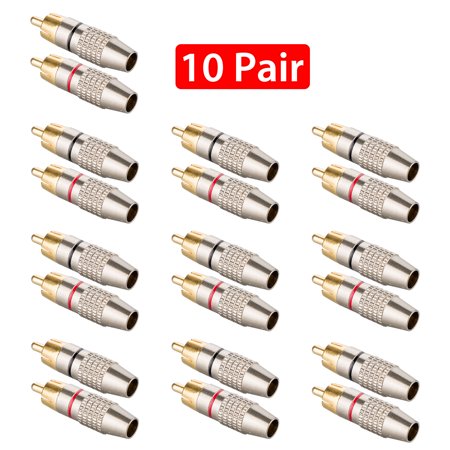 Dual Rca Phono Plugs - TSV RCA Male Plug Adapter, Audio Phono Gold Plated Solder Connector, Hi End - 20 Pack (10 Pair)