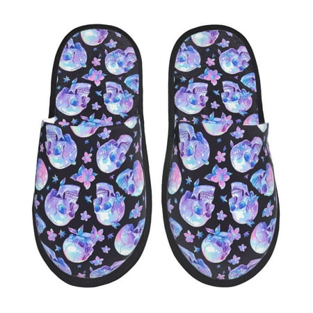Balery blue Skull flower Slient Indoor Furry Fleece Comfort House Shoes Soft Non-Slip Home Shoes Cotton slippers House Slippers-- Large