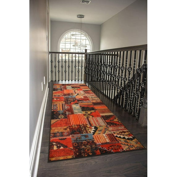 Custom Size Rug Runner Traditional Vintage Distressed Looks Patchwork Kilim Design Hotel Quality Cut To Size Oriental Canvas Backing Red Runner Rugs, Customize Length by Feet and 26" or 35" Width