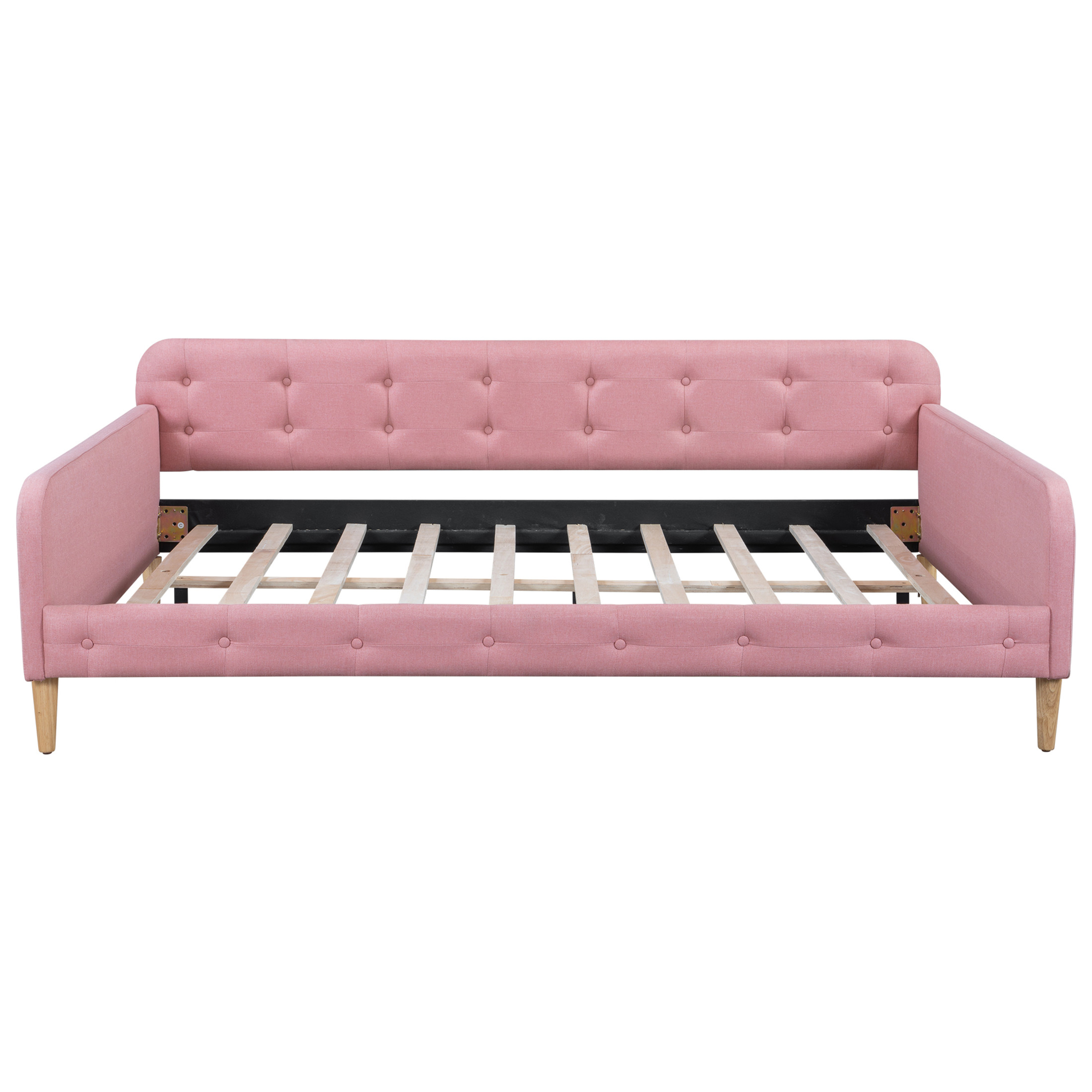 Noble House Havina Full Upholstered Daybed, Button Tufted Linen Sofa Guest Bed with Slat Support Frame, Pink