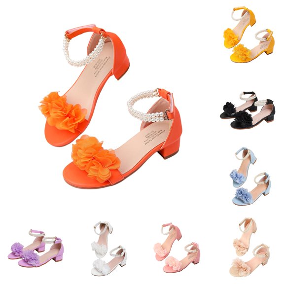RMGVDSD Girls Sandals Low Heel Pearl Ankle Strap Open-Toe Sandals Flower Wedding Party Dress Shoes For Little/Big Kids