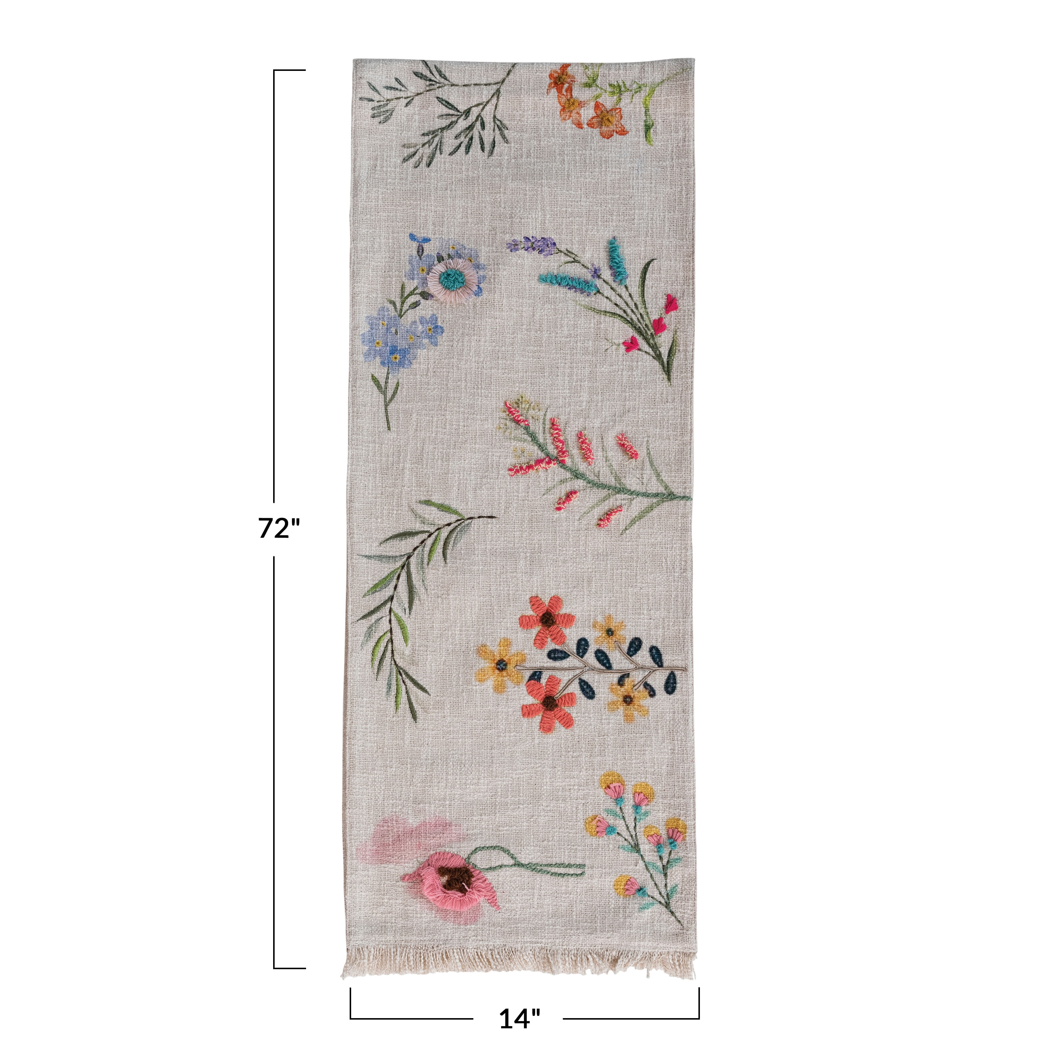 Bloomingville Long Slub Printed Rectangle Table Runner with Flowers, Embroidery and Fringe, Multicolor