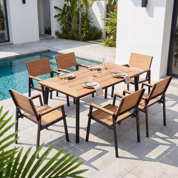 Vineego 7‑Piece Patio Dining Set for 6, Weather‑Resistant Aluminum & HIPS Outdoor Furniture with Umbrella Hole