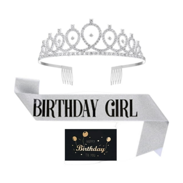 yuksok Birthday Crown and Glitter Sash Creative Party Costume Crown with Rhinestone Silver