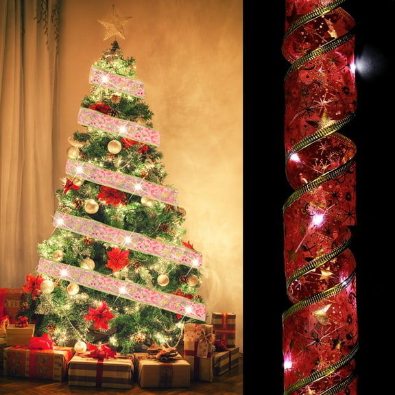 Christmas Tree Ribbon Light, 3.28Ft 10 LEDs Ribbon Bows Lights, Battery Powered Christmas Tree Decorations String Light for Party Weddings Christmas Tree (Red, White Light)