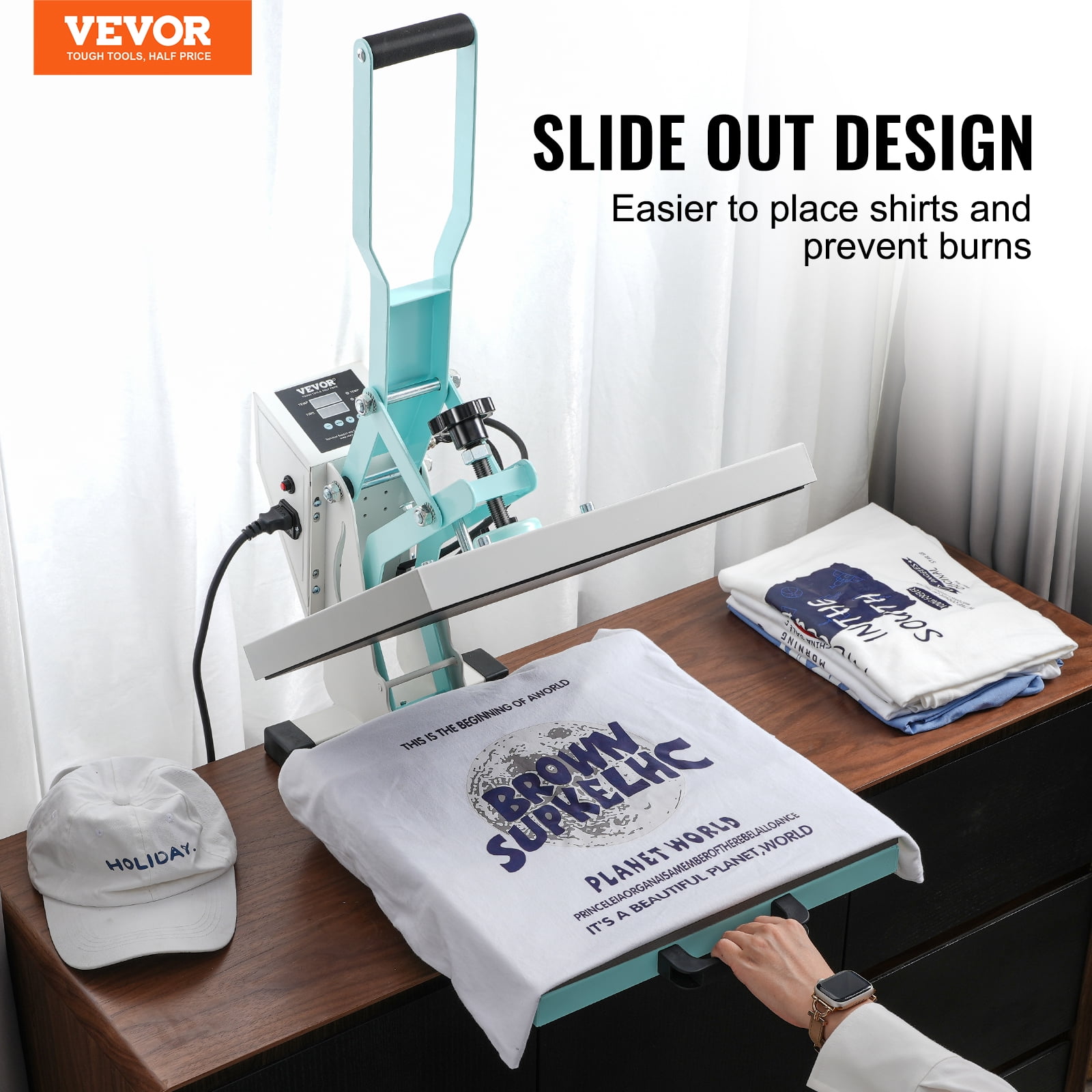 VEVOR Heat Press, 15 x 15 inch Digital Heat Press Machine, Slide Out Heat Transfer Machine, Fast and Even Heating, 2-Layer Insulation Cotton, Heat Transfer Machine for T-Shirts/Pillows/Bags, Green