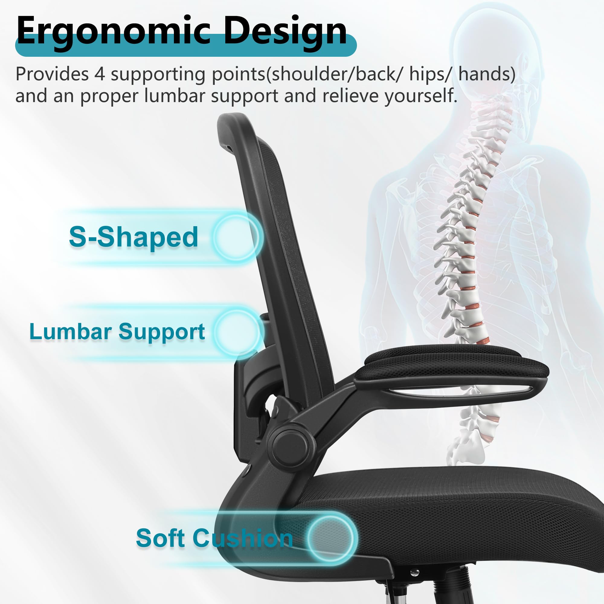 Office Chair, Ergonomic Desk Chair Breathable Mesh Chairs Adjustable High Back Lumbar Support Flip-up Armrests, Executive Rolling Swivel Comfy Computer Chairs Home Office Black