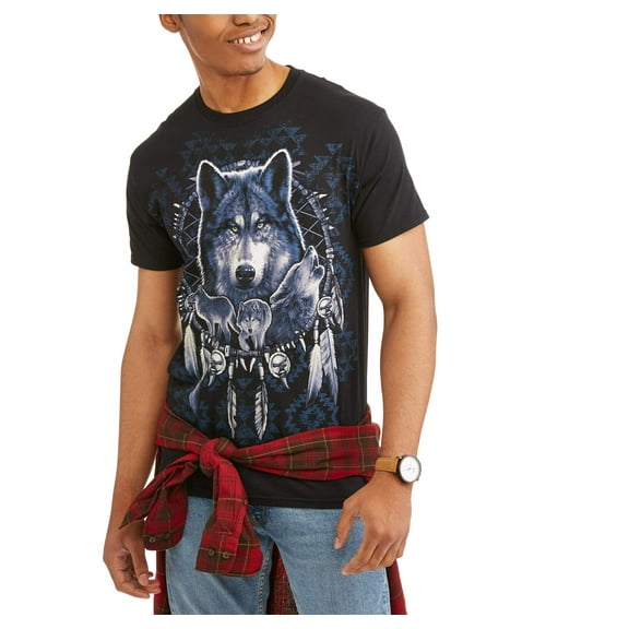 Teelocity Men's Tribal Patter Dream Catcher Wolf Pack Black Relaxed Fit Short Sleeve Graphic T-Shirt