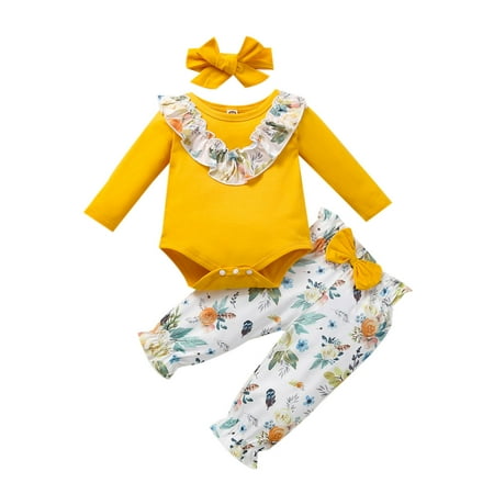 

Qufokar Babygirl Clothes Sporty Clothes for Teen Girls Baby Girls Clothes Set Long Sleeves Romper Ruffles Bodysuit Floral Print Pants With Headbands Outfits