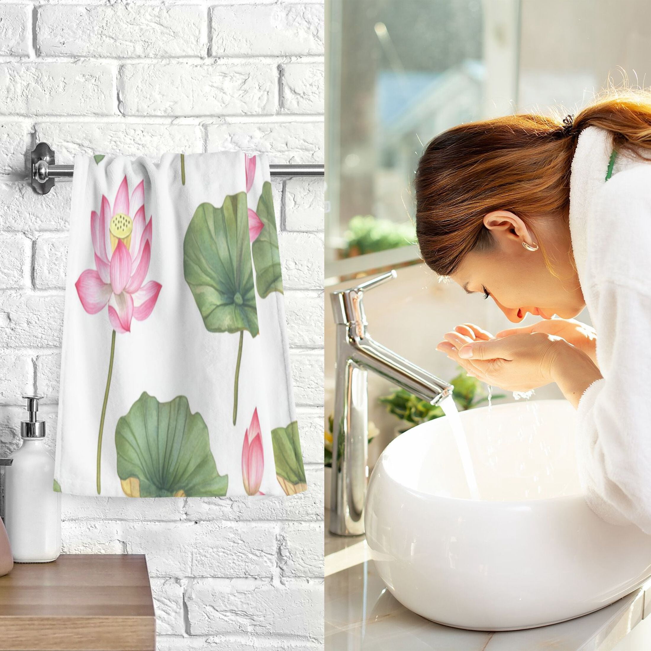 2 Pcs Absorbent Face Towel Bath Hand Towels Soft Breathable Cotton Towel Set for Bathroom Kitchen Hotel Spa Decor Pink Lotus Flowers
