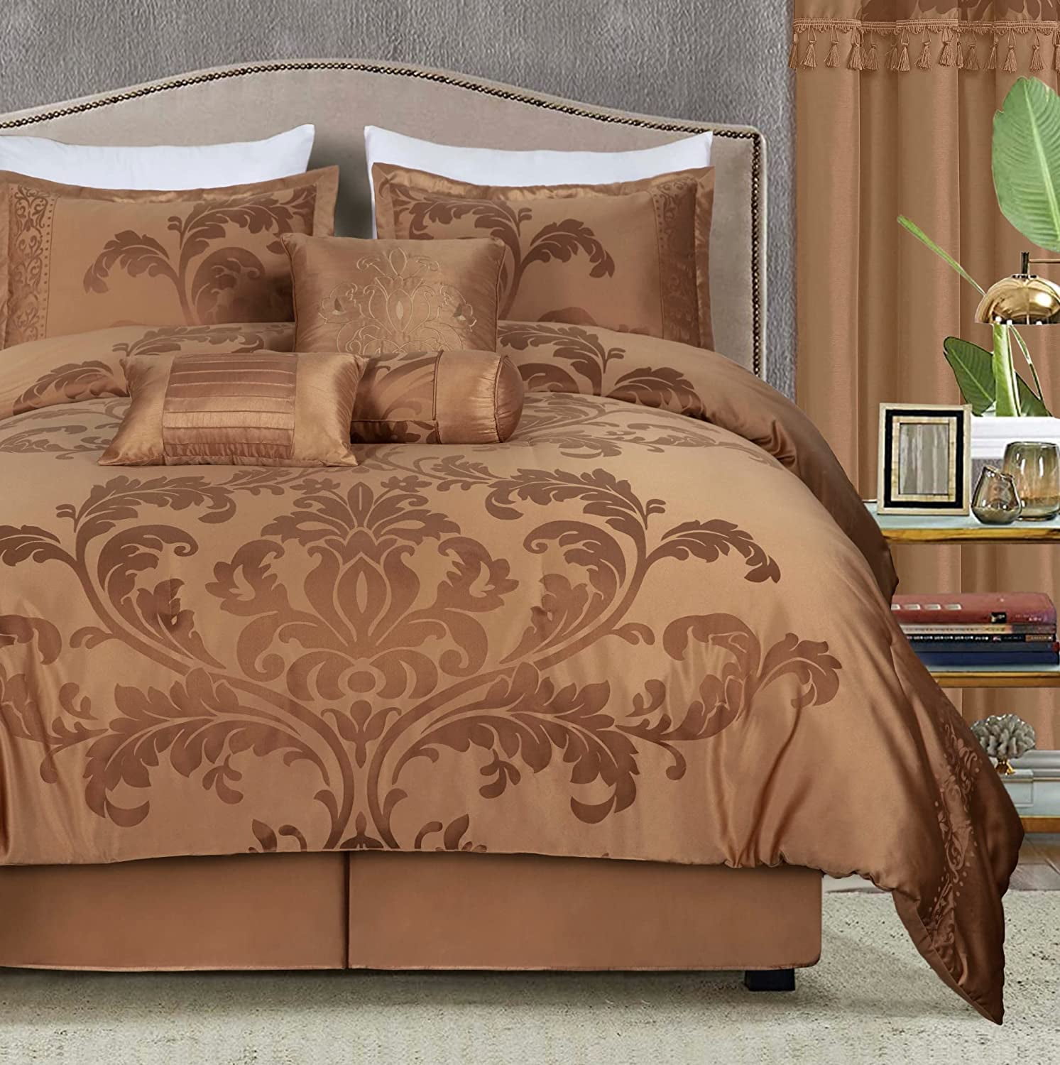 Chezmoi Collection Royal Luxury Jacquard Floral Comforter Set, Full, Copper, 7Piece