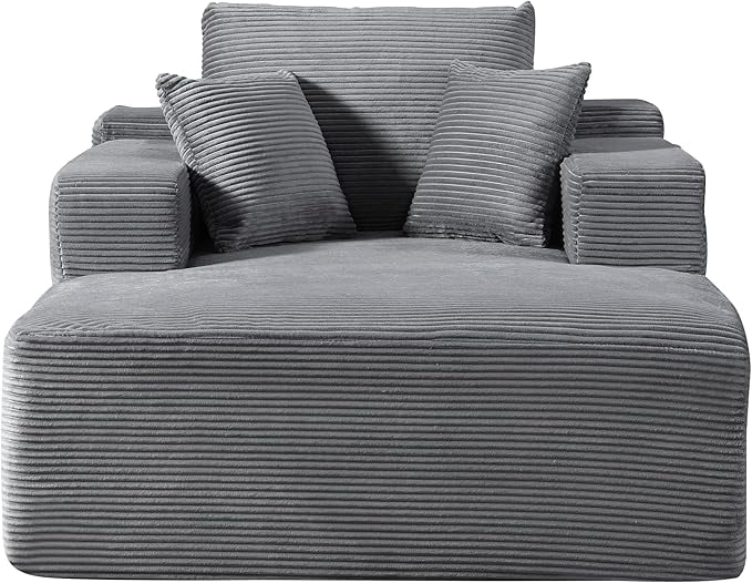 Chaise Lounge Chair Indoor – Oversized Corduroy Couch with Wide Armrest & Throw Pillows, Cozy Boneless Sleeper Sofa Bed Armchair