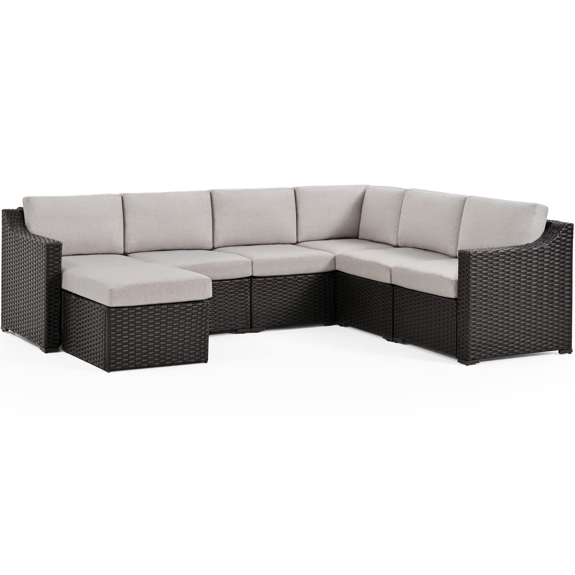 7 Piece Patio Conversation Set, Outdoor Rattan Wicker Sectional Sofa, All-Weather Modular Patio Furniture Set with Cushions for Backyard, Balcony, Porch (Brown/Gray)