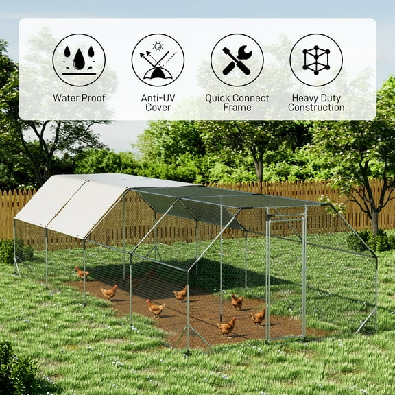 Ouyessir Outdoor Chicken Coop Large Metal Chicken Coop Flat Shaped, Walk-in Hen Cage, Outdoor Poultry Cage with Waterproof Cover for Backyard(10’L x 26’W x 6.36’H ft)