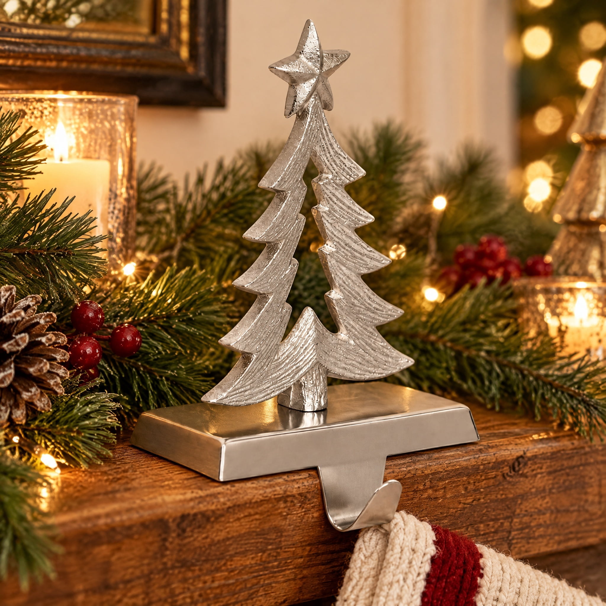 Aluminum Tree Christmas Stocking Holder, Silver, 7.8", by Holiday Time