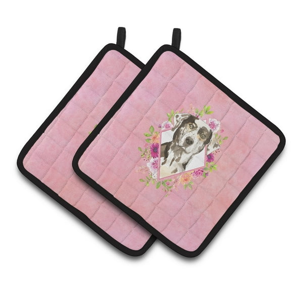 Catahoula Leopard Dog Pink Flowers Pair of Pot Holders
