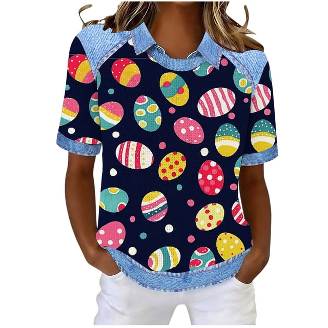 Camiseta de Solapa de Cuello Redondo de la Impresión Casual de Pascua No Posicionamiento, Tops de Cuello Redondo para las Mujeres Suaves Transpirables
