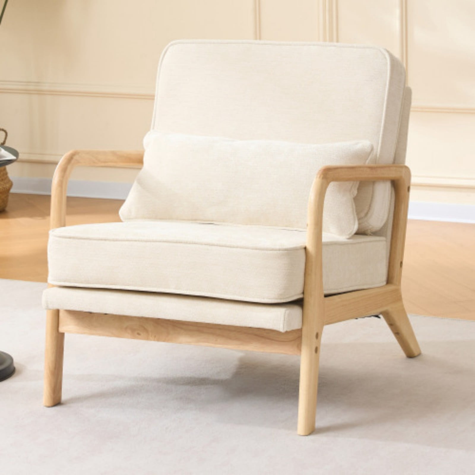 Mid-Century Modern Lounge Chair Single Upholstered Accent Chair with Curved Wood Armrests & Lumbar Cushion, Living Room Bedroom Reading Armchair Indoor, Beige