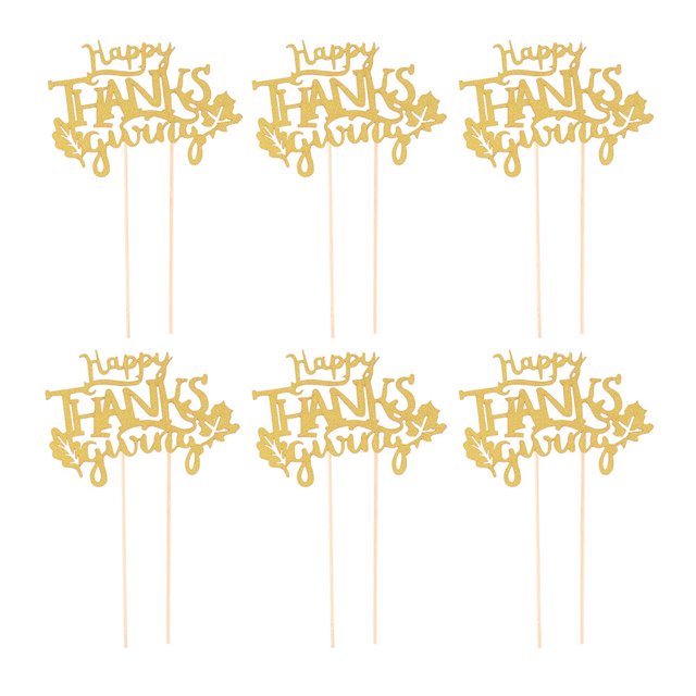 EeaseMX 1 juego de 6 palillos de papel para tartas, decoración de tartas con el lema "Feliz Día de Acción de Gracias" (dorados)