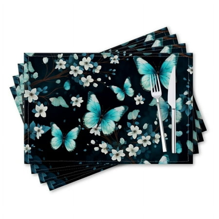 

BaHomeck placemats Set of 4 rectangle Linen Cotton Placemats for Dining Table Washable Heat Resistant 18*12inch Beautiful Turquoise Butterflies Flying Around White Flowers