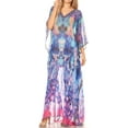 thumbnail image 4 of Sakkas Wilder Printed Design Long Sheer Rhinestone Caftan Dress / Cover Up - 17153-TruquoisePink - OS, 4 of 5