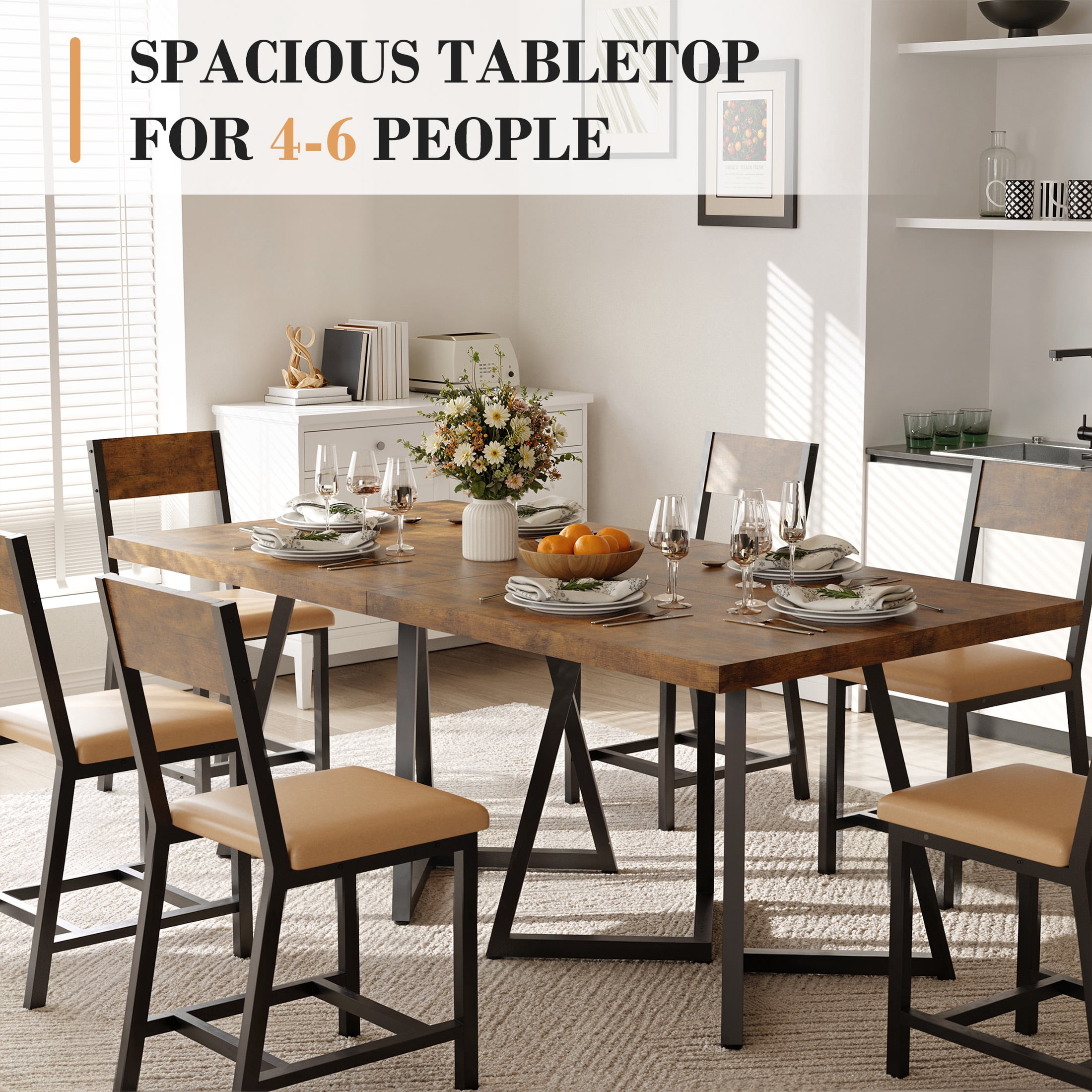 Gelloan 8 Piece Wooden Kitchen Table and Chairs Set with 6 Upholstered PU Leather Chairs for Dining Room, Living Room, Apartment,Rustic Brown