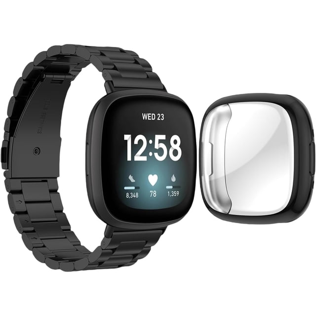 REQO Compatible with Fitbit Versa 4 / Sense 2 Bands, Stainless Steel Watch Band with TPU Case Breathable Protective Design for Men Women