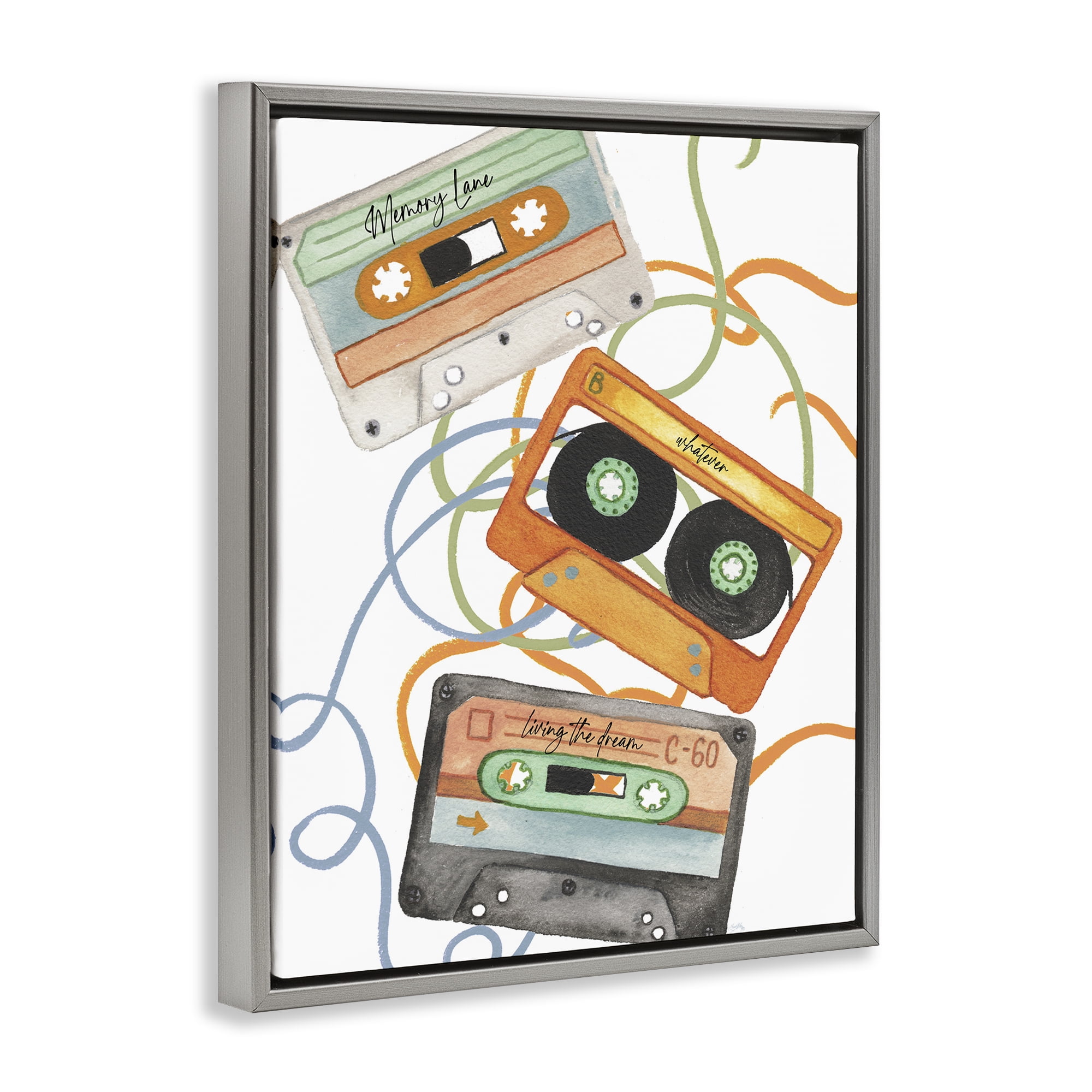 Stupell Industries Cassette Mix Tapes Trio Gray Framed Floater Canvas Wall Art, design by Elizabeth Medley