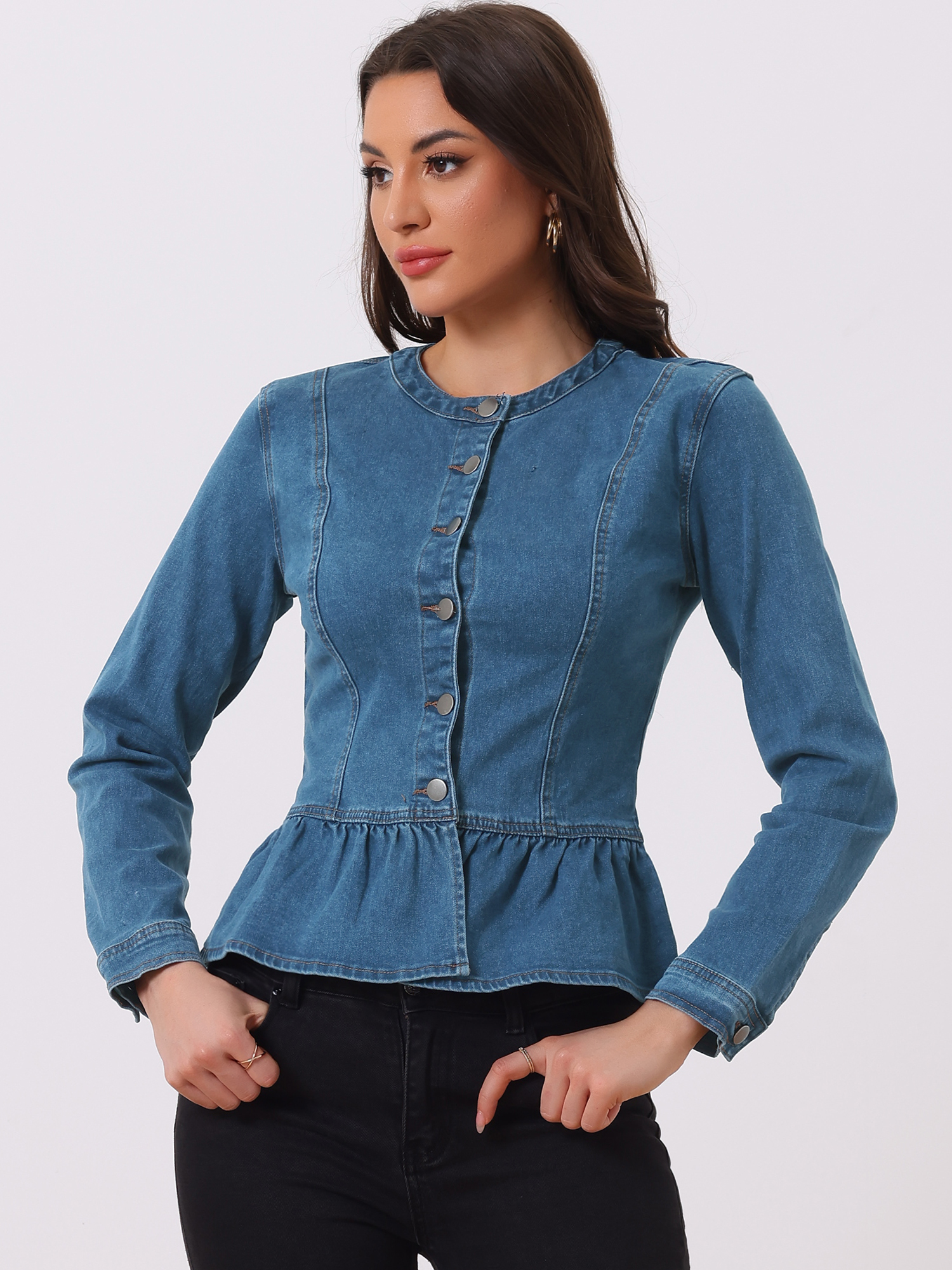 DARING DIVA Women's Button Down Cropped Ruffle Hem Denim Jacket S Denim Blue