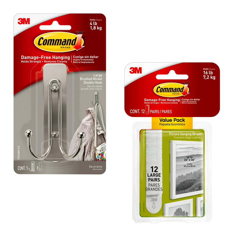Command Large Double Wall Hooks, Brushed Nickel, 1 Hook and Command White  Large Picture Hanging Strips 12 Pairs 