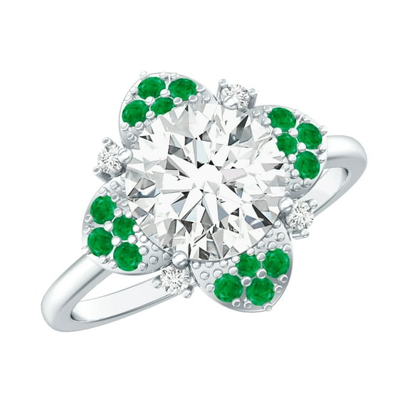 Rosec Jewels Lab Diamond Flower Engagement Ring with Natural Emerald - Statement Ring - EF-VS Grade, 925 Sterling Silver, US 4.00
