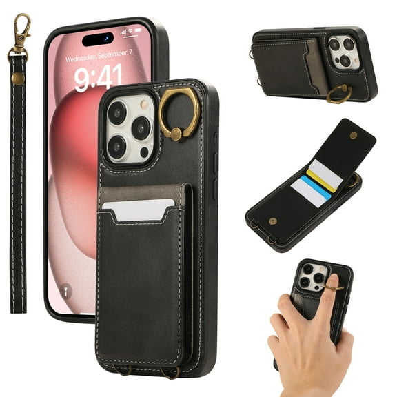 Wallet Back Case for iPhone 16 Pro Max with Wrist Strap, Stylish Magnetic Card Holder Finger Ring Kickstand PU Leather Lanyard Shockproof Slim Phone Case Cover for iPhone 16 Pro Max, Black