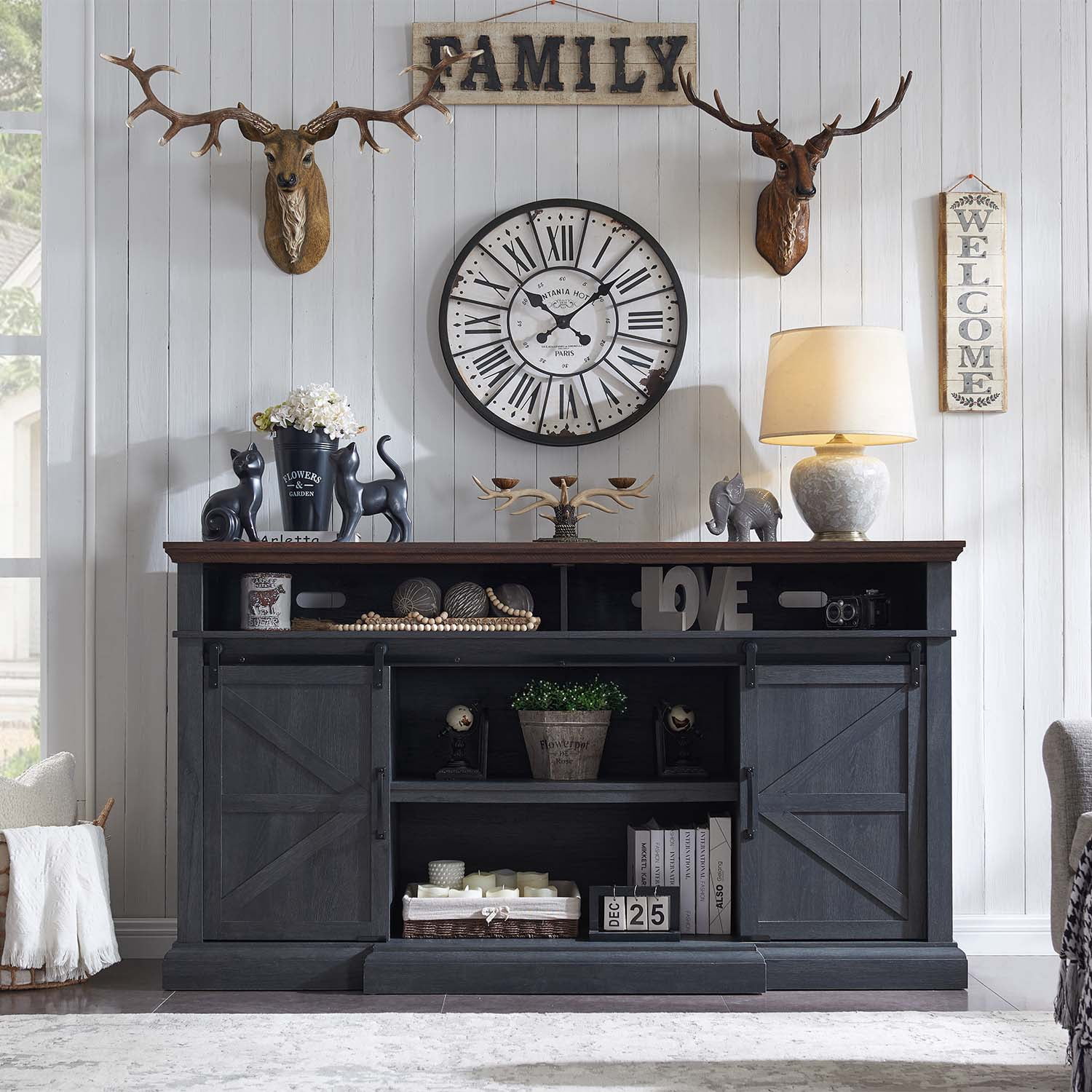 SinCiDo TV Stand for 75 inches TV, Farmhouse TV stand with 37" Tall Entertainment Center for Living Room