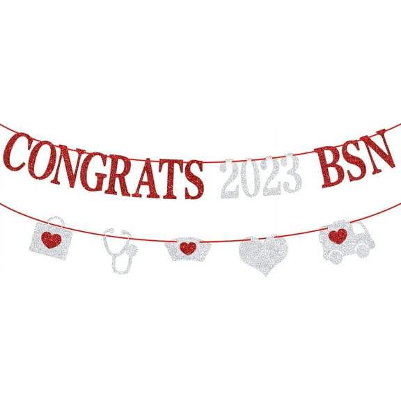 Glitter Congrats 2023 BSN Banner - Nurse Graduation Party Decoration Supplies - Nursing School Graduate Party Bunting Sign/Photo Props, Silver and Red