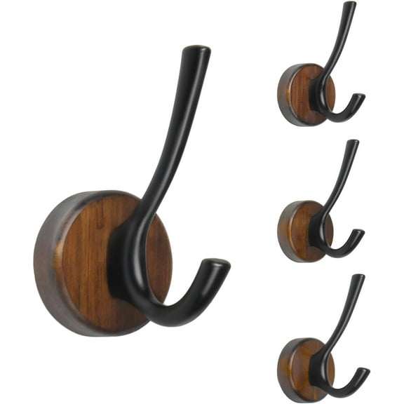 Coat Hooks Wall Mount, Round Walnut Wood Wall Hanger with Metal Double Hooks, Towel Robe Hooks Heavy Duty, Small, 4 Pcs