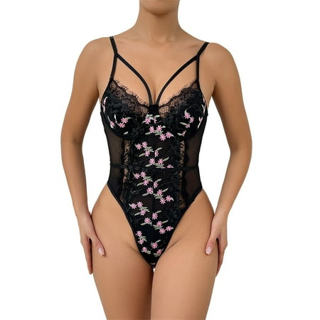 

Sngxgn Women Lace Teddy Lingerie One Piece Strappy Bodysuit Naughty Babydoll Maid Lingerie Black M
