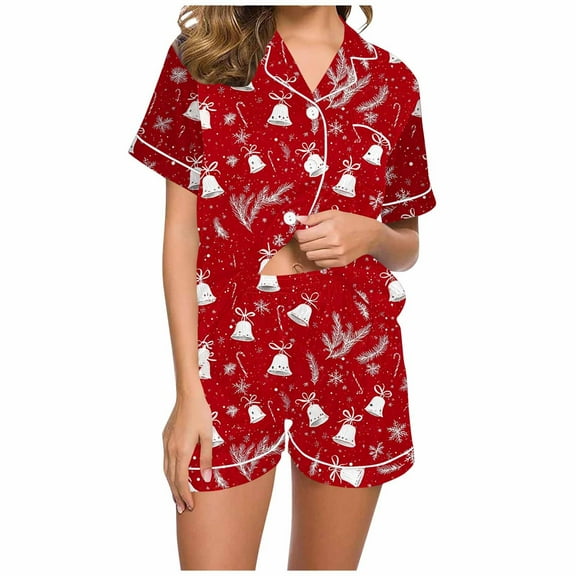 asdoklhq Flannel Pajamas for Women Set Women Christmas Printed Stand Up Collar Pocket Short Sleeved Top Shorts Home Wear Pajama Set Red XL