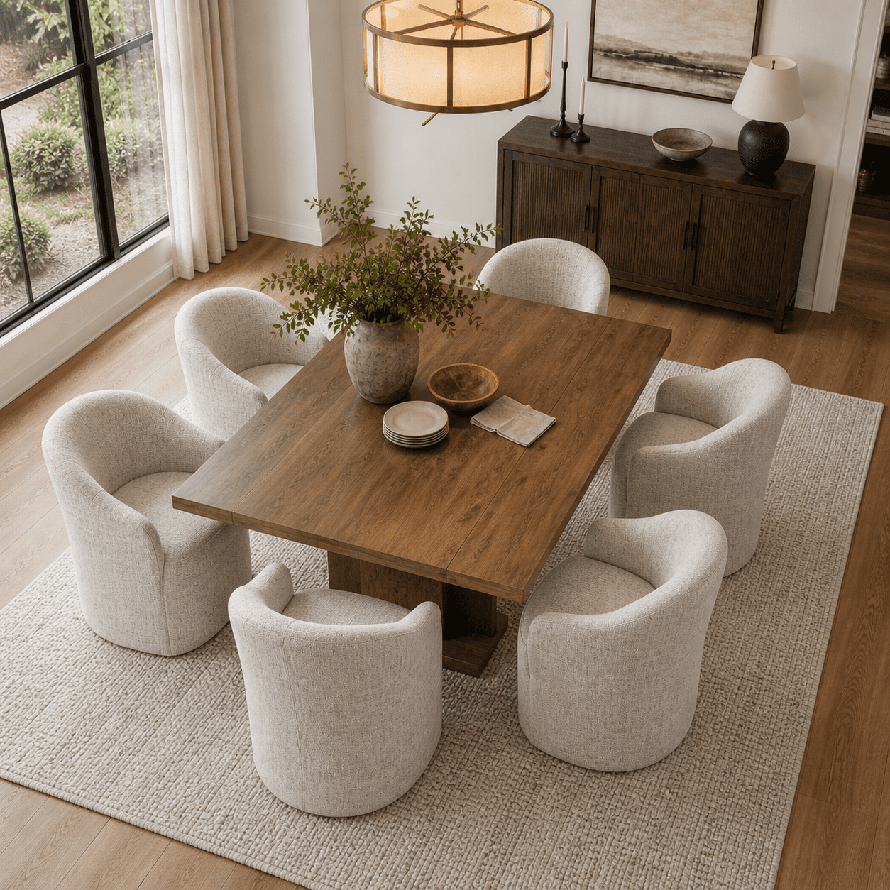 Aenkyo Dining Chair with Casters, Upholstered Barrel Back Rolling Accent Chair, Ginger Brown