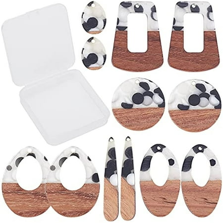 1 Box 12Pcs 6 Styles Resin Wooden Earring Pendants with Hole Lightweight Round Teardrop Geometric Charms Bulk for Earring Jewelry Making Supplies Craft