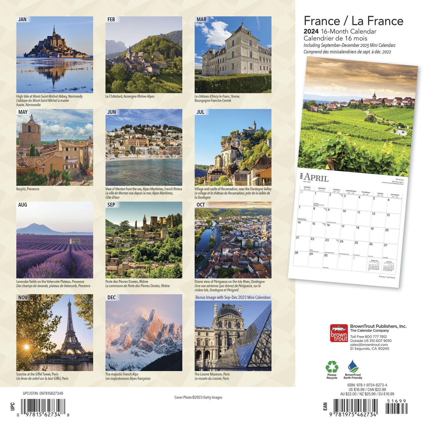BrownTrout France La France 2024 12x24 Inch Square Wall Calendar, 9781975462734